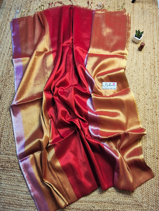 Megha | Red and Golden Tissue Saree with Pink Border