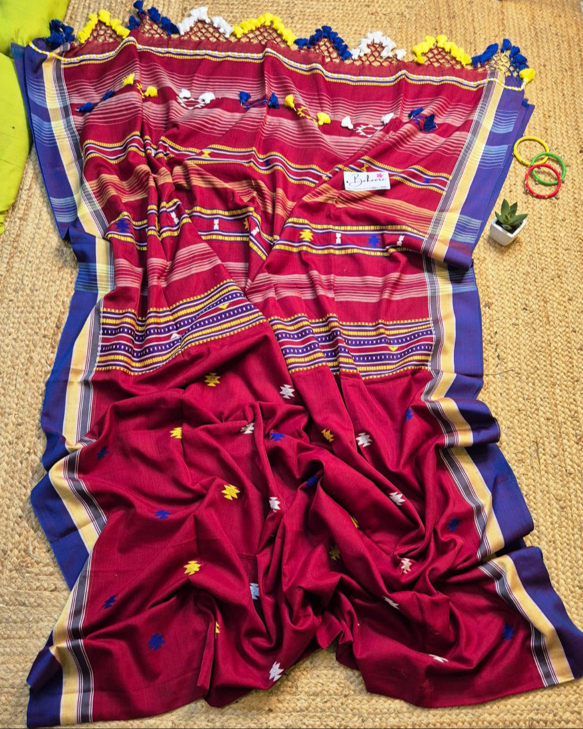 Cotton Galleria | Burnt Maroon Premium Bengal Cotton Bhujodi Saree with Designer Tassels