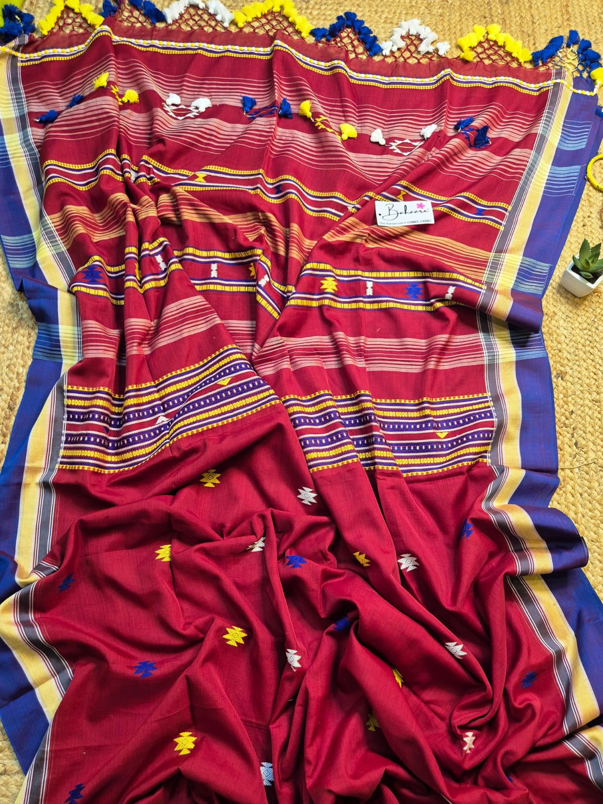 Cotton Galleria | Burnt Maroon Premium Bengal Cotton Bhujodi Saree with Designer Tassels