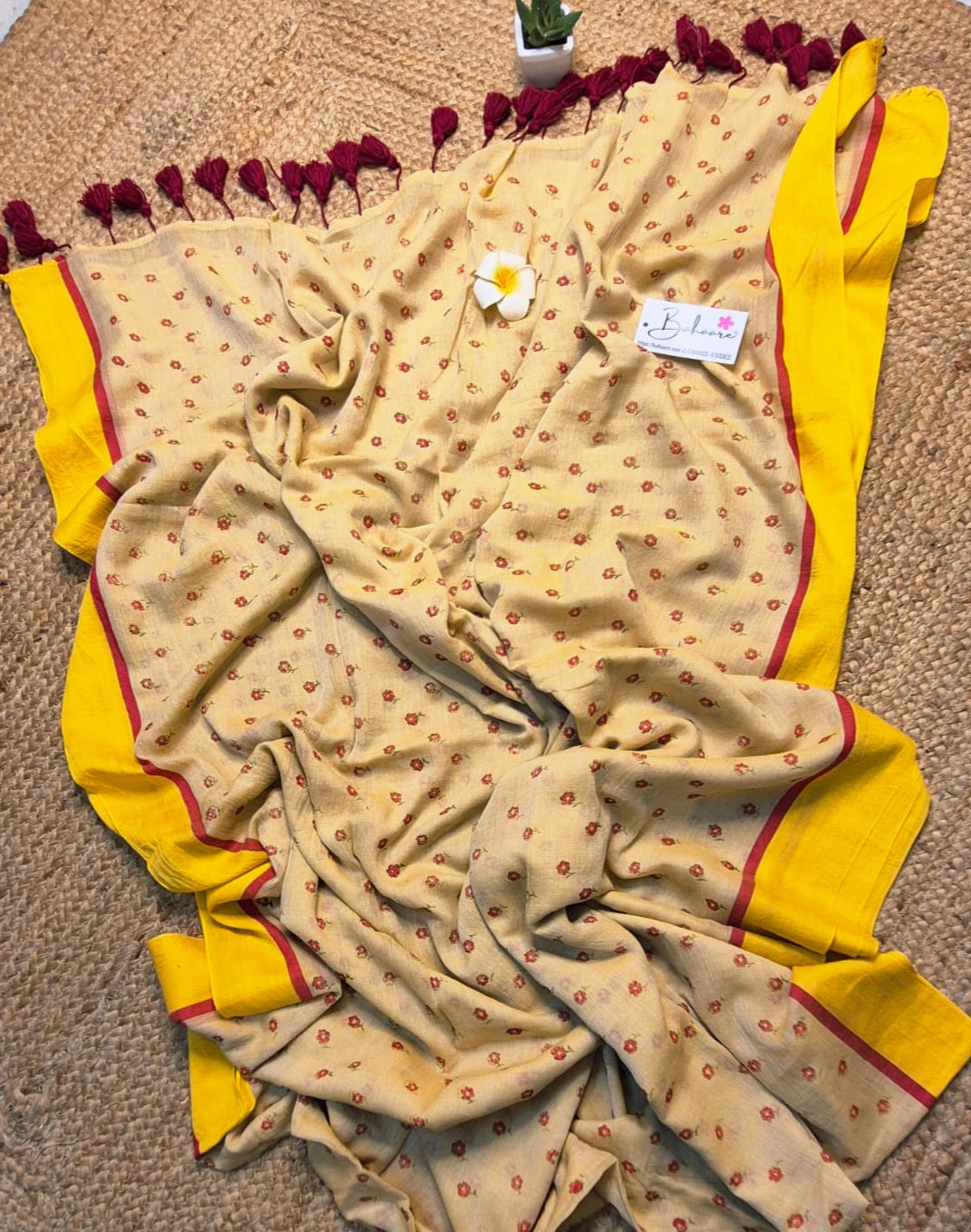 Polka Passion | Tuscan Beige Mul Mul Cotton Saree with Flower Motif
