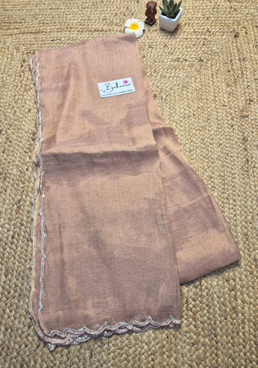 Megha | Rose Gold Tissue Saree with Scallop Border & Cutdana Moti Work