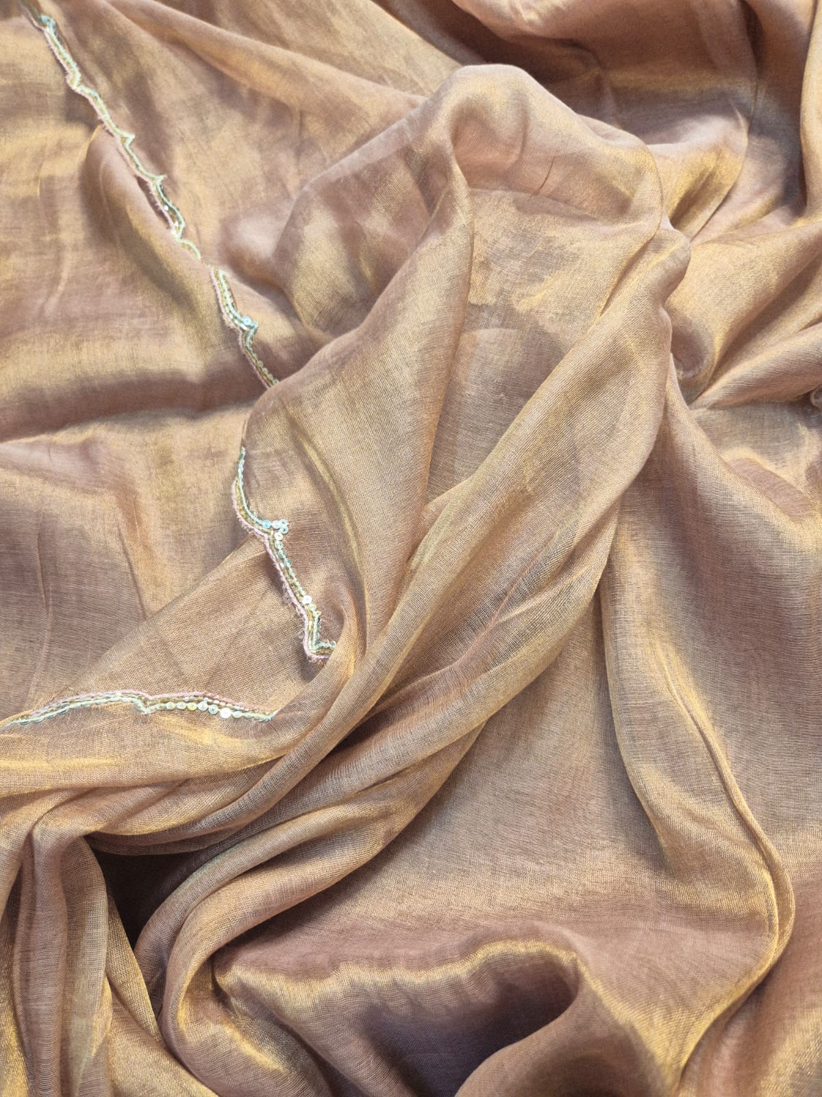 Megha | Rose Gold Tissue Saree with Scallop Border & Cutdana Moti Work