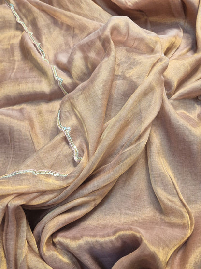 Megha | Rose Gold Tissue Saree with Scallop Border & Cutdana Moti Work