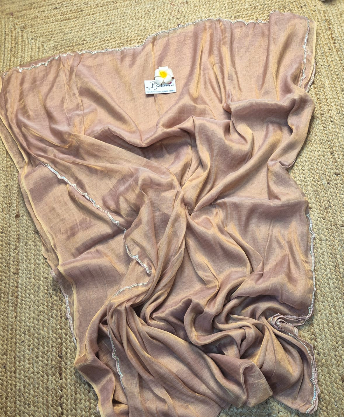 Megha | Rose Gold Tissue Saree with Scallop Border & Cutdana Moti Work