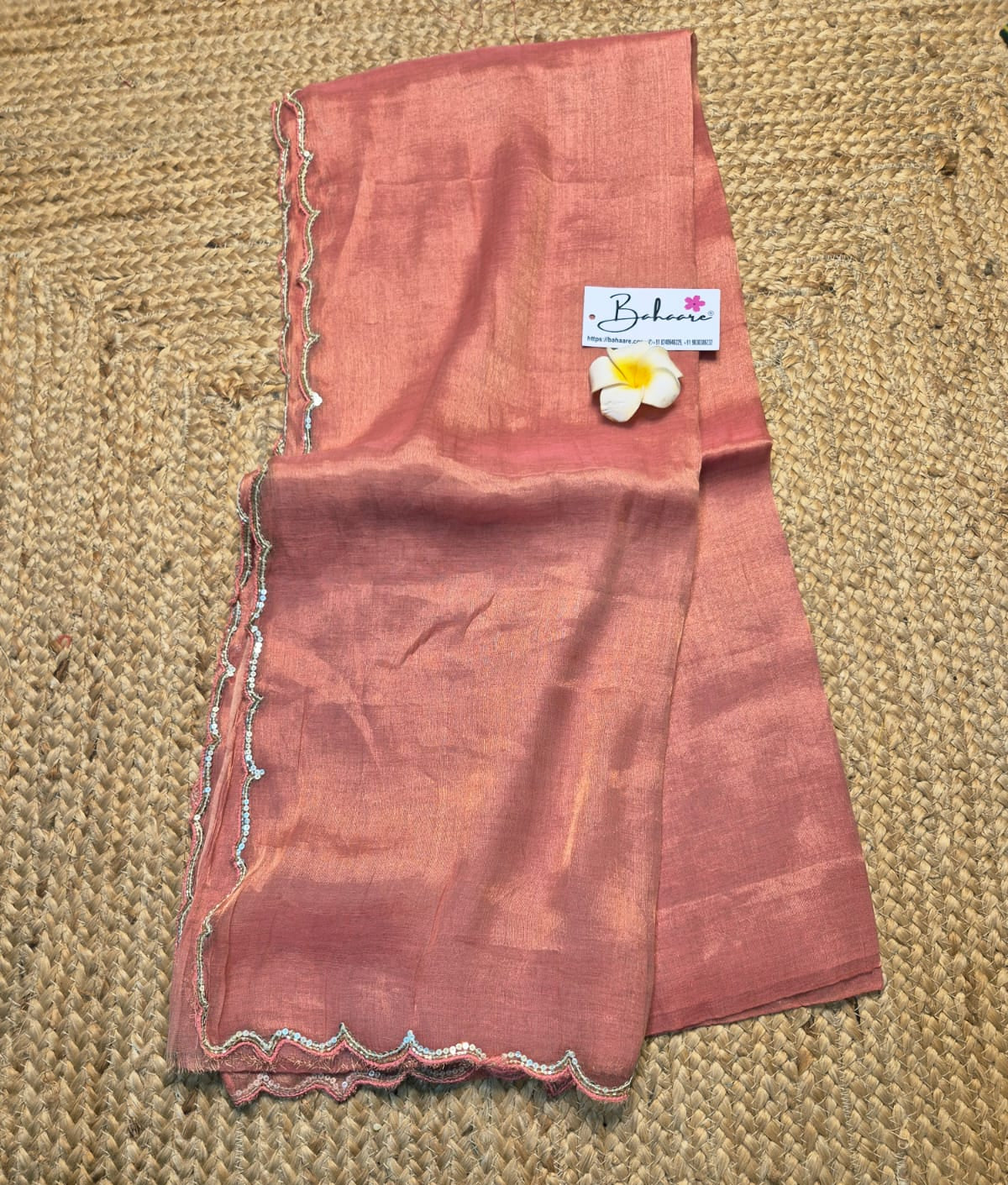 Megha | Coral Pink Tissue Saree with Scallop Border & Cutdana Moti Work