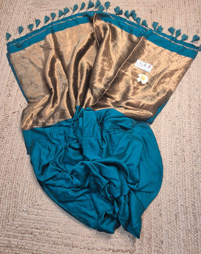 Cotton Galleria | Peacock Green Acrylic Cotton Saree with Zari Pallu
