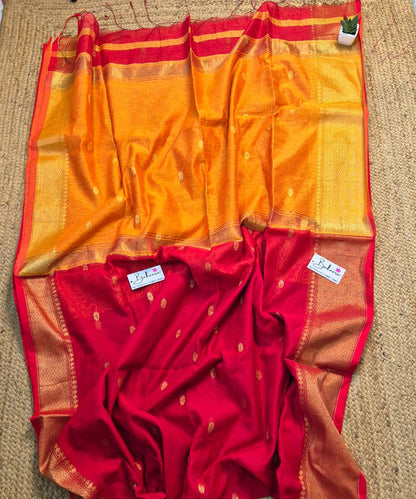 Cotton Galleria | Sindoor Red with Haldi Yellow Maheshwari Cotton-Silk Saree