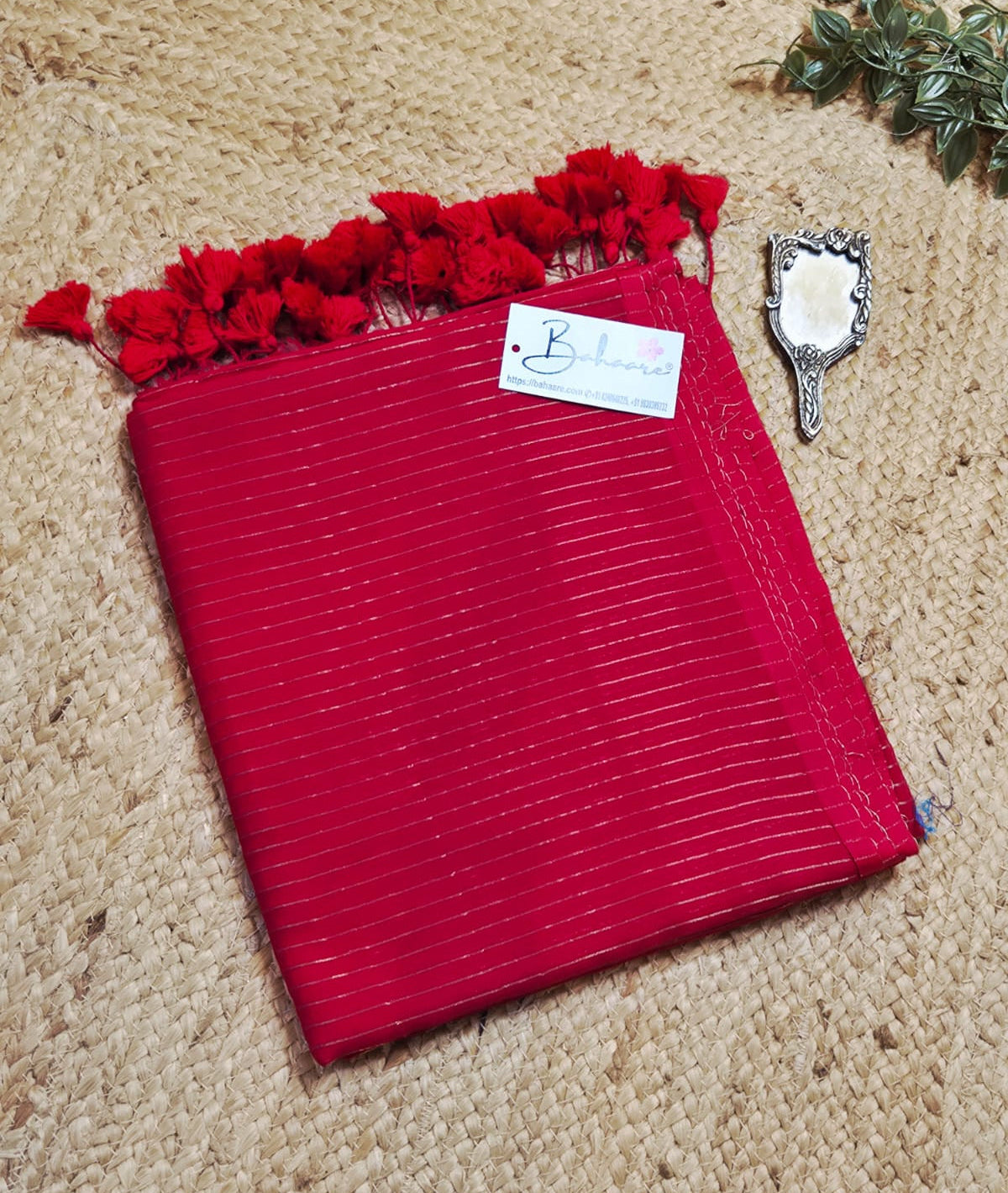 Mohini | Cherry Red Mul Mul Cotton Saree with Golden Zari Stripe