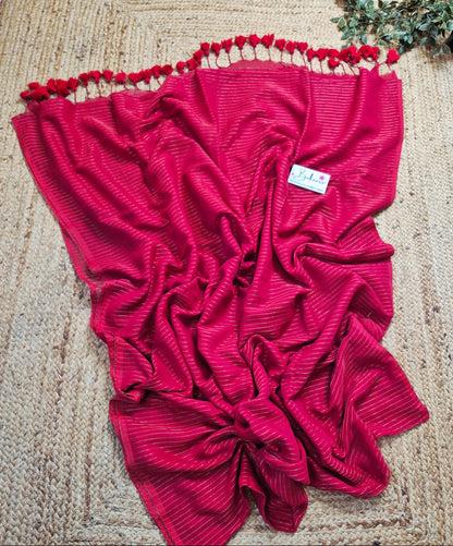 Mohini | Cherry Red Mul Mul Cotton Saree with Golden Zari Stripe
