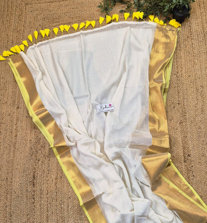 Mohini | Light Gold Mul Mul Cotton Saree with Golden Tissue Border