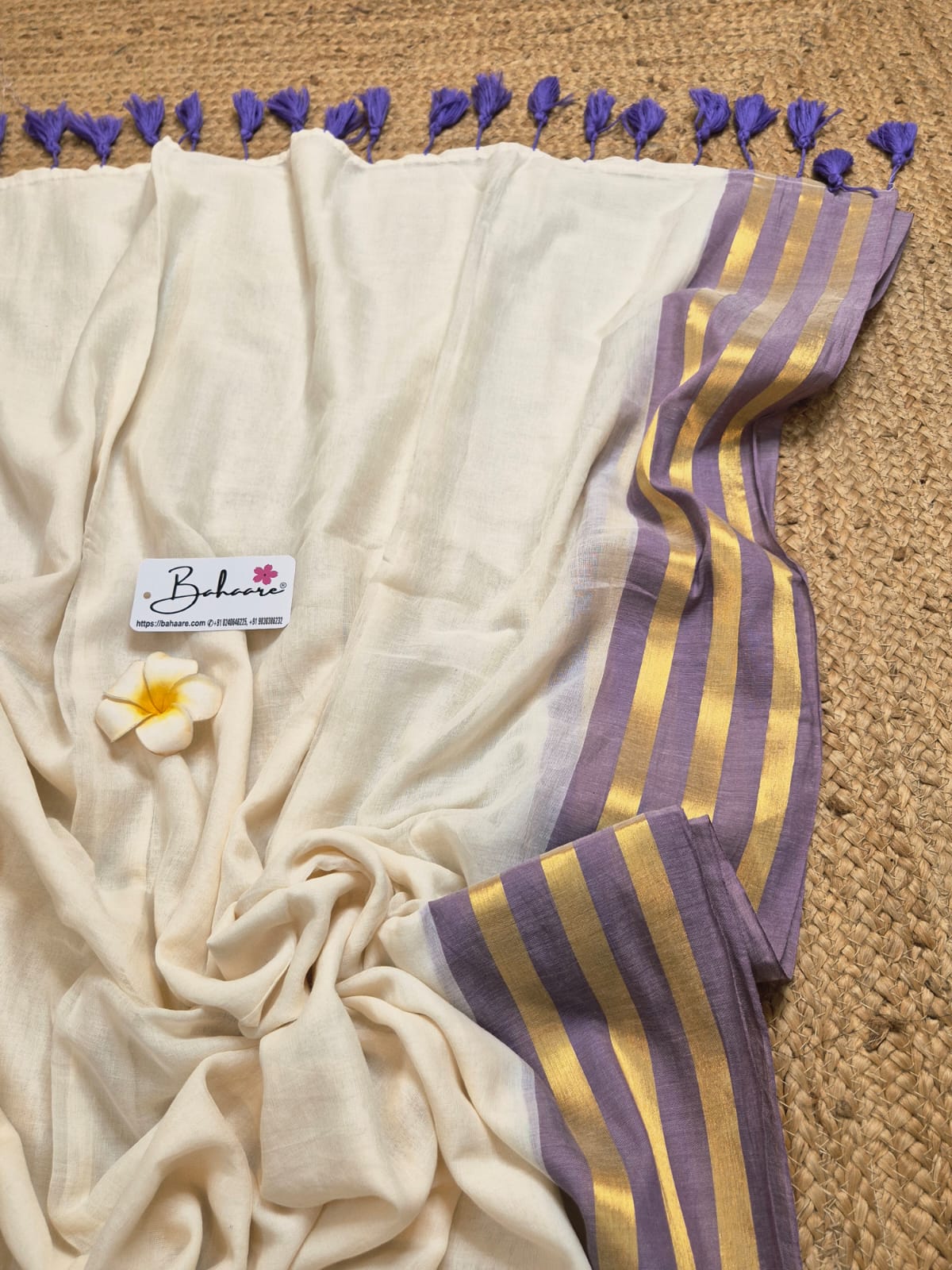 Mohini | Classy Off White Mul Mul Cotton Saree with Lavender and Golden Border