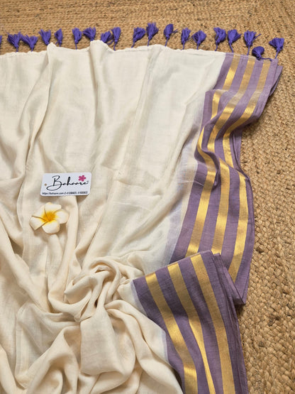 Mohini | Classy Off White Mul Mul Cotton Saree with Lavender and Golden Border