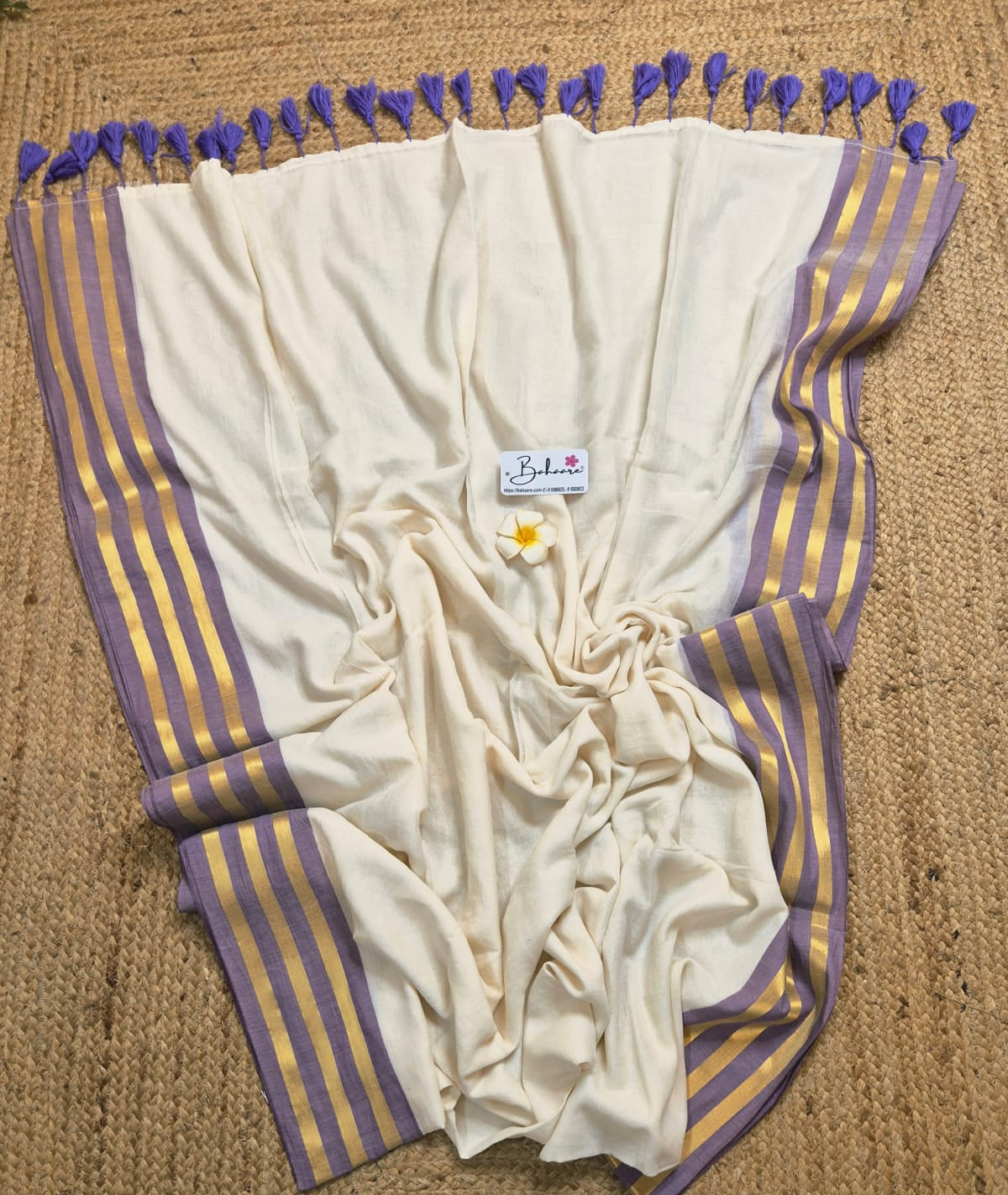 Mohini | Classy Off White Mul Mul Cotton Saree with Lavender and Golden Border