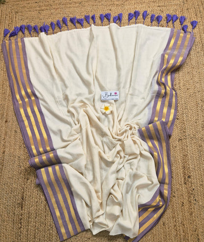 Mohini | Classy Off White Mul Mul Cotton Saree with Lavender and Golden Border