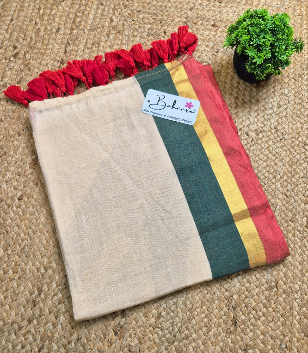 Mohini | Beige Mul Mul Cotton Saree with Green and Red Zari Border