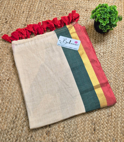 Mohini | Beige Mul Mul Cotton Saree with Green and Red Zari Border