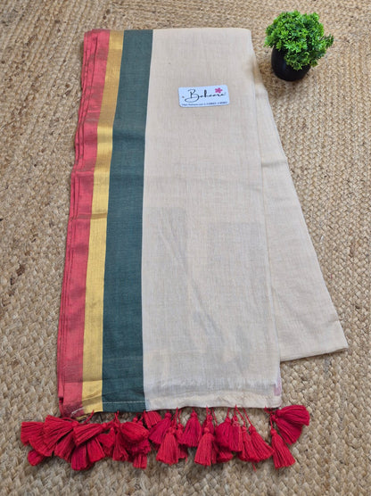 Mohini | Beige Mul Mul Cotton Saree with Green and Red Zari Border