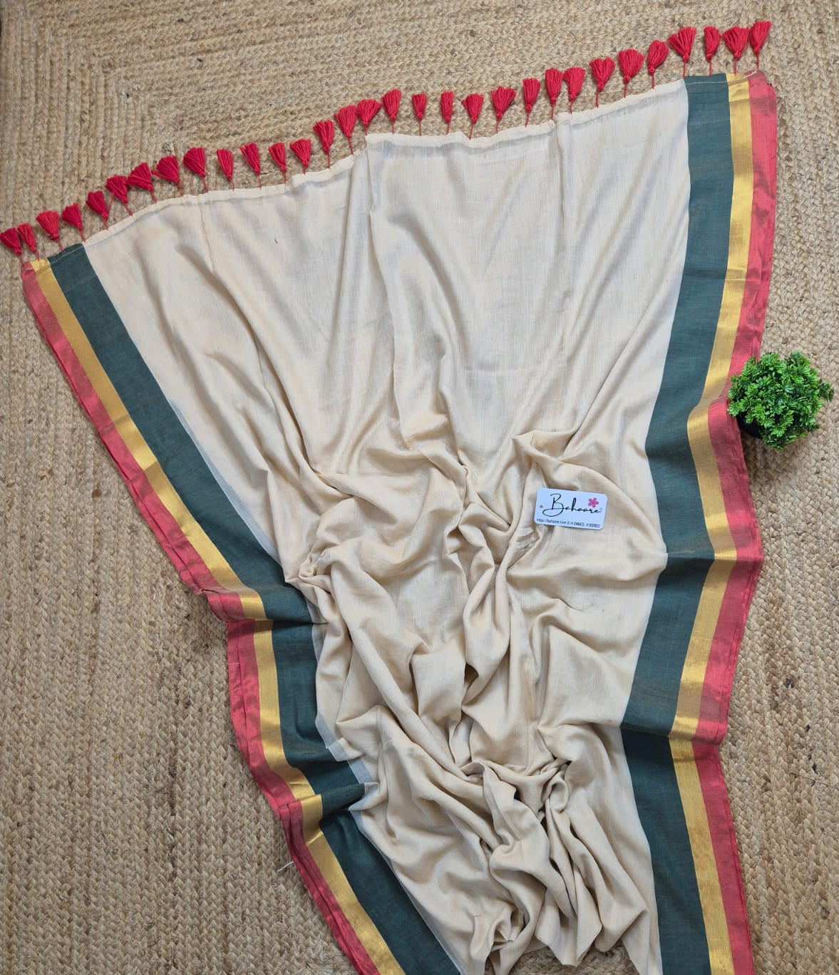 Mohini | Beige Mul Mul Cotton Saree with Green and Red Zari Border