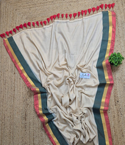 Mohini | Beige Mul Mul Cotton Saree with Green and Red Zari Border