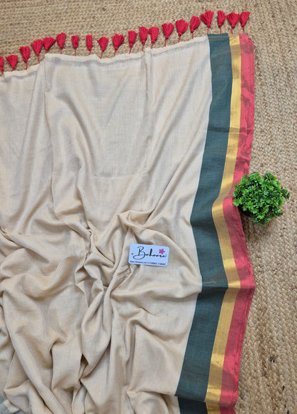 Mohini | Beige Mul Mul Cotton Saree with Green and Red Zari Border