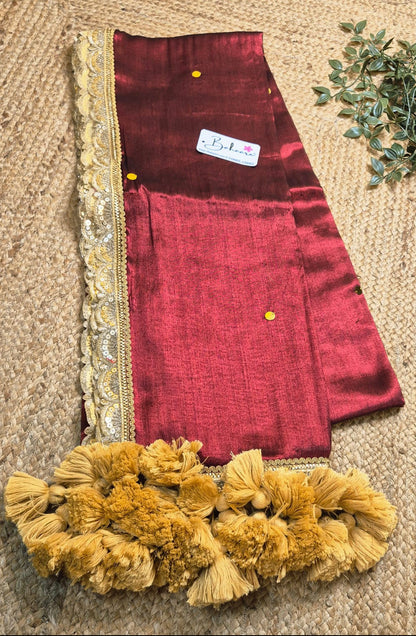 Megha | Maroon Party Wear Tissue Saree with Sequin and Designer Zari Lace