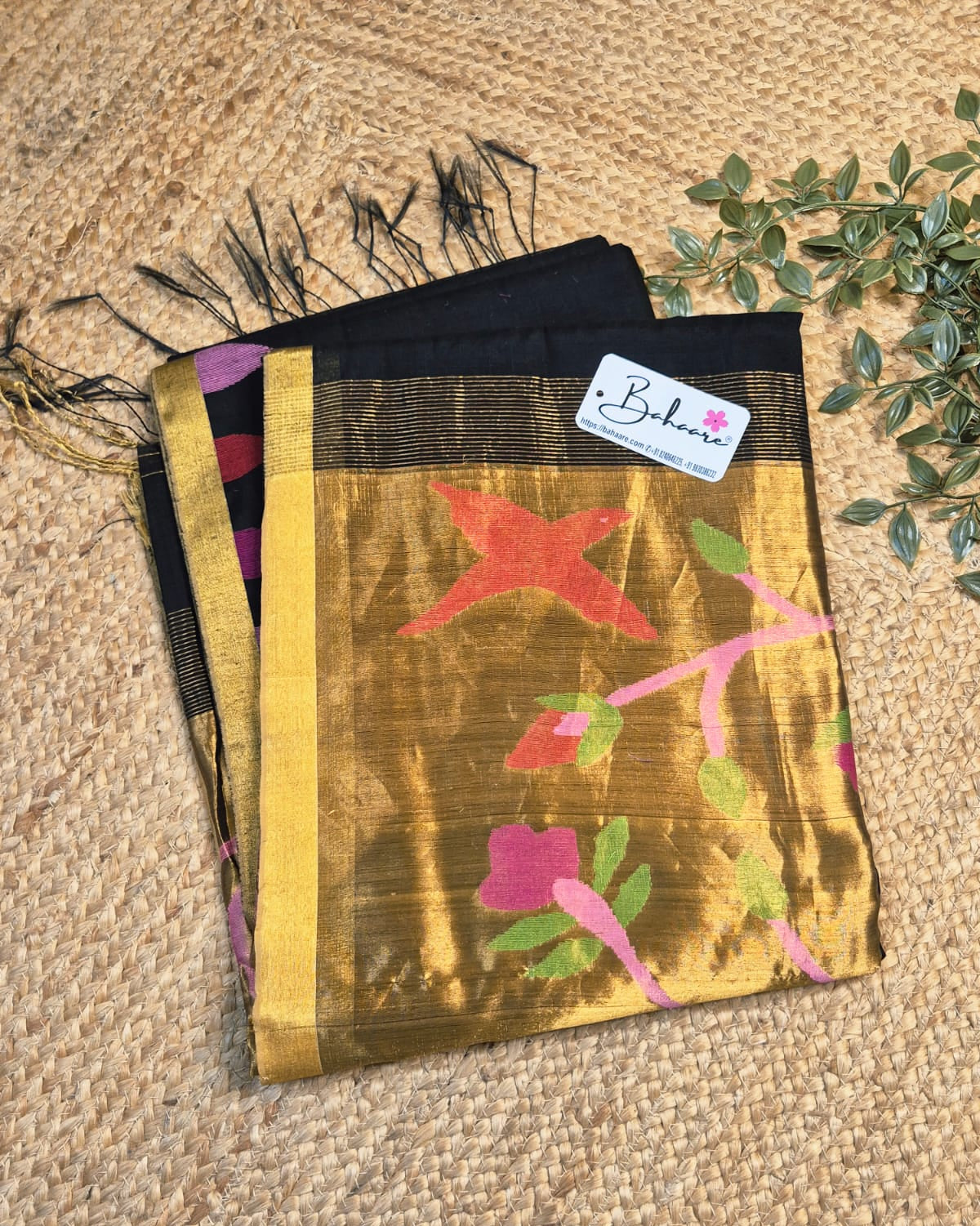 Springtime Serenity | Elegant Black Tissue Linen Saree with Handwoven Paithani Motif