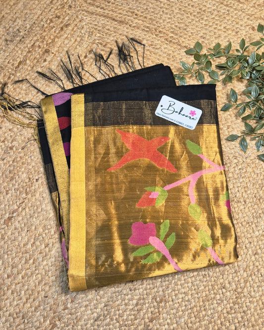 Springtime Serenity | Elegant Black Tissue Linen Saree with Handwoven Paithani Motif