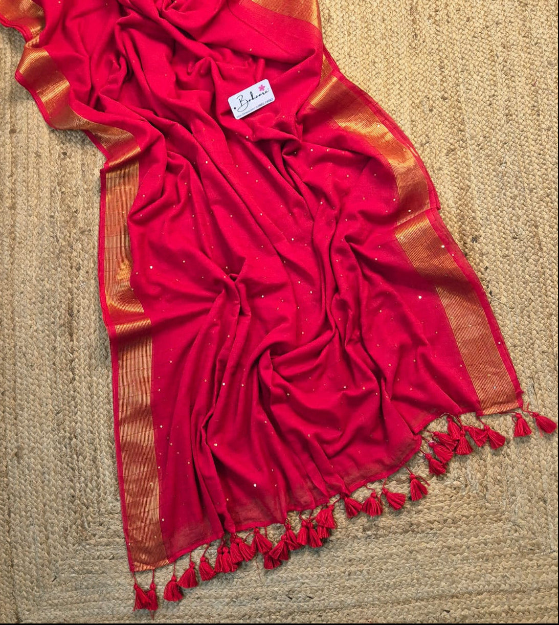 Cotton Galleria | Bridal Crimson Red Premium Cotton Saree with Sequence Pallu