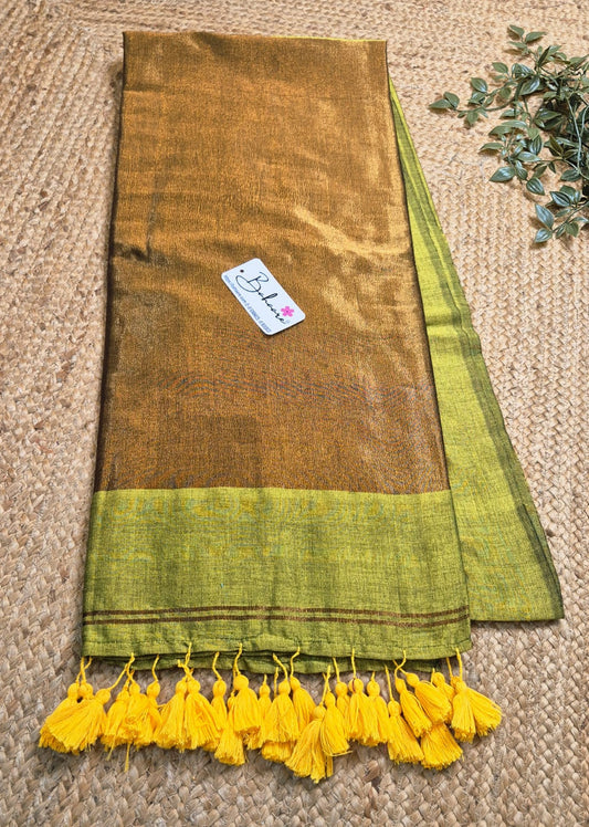 Cotton Galleria | Moss Green Acrylic Cotton Saree with Zari Pallu