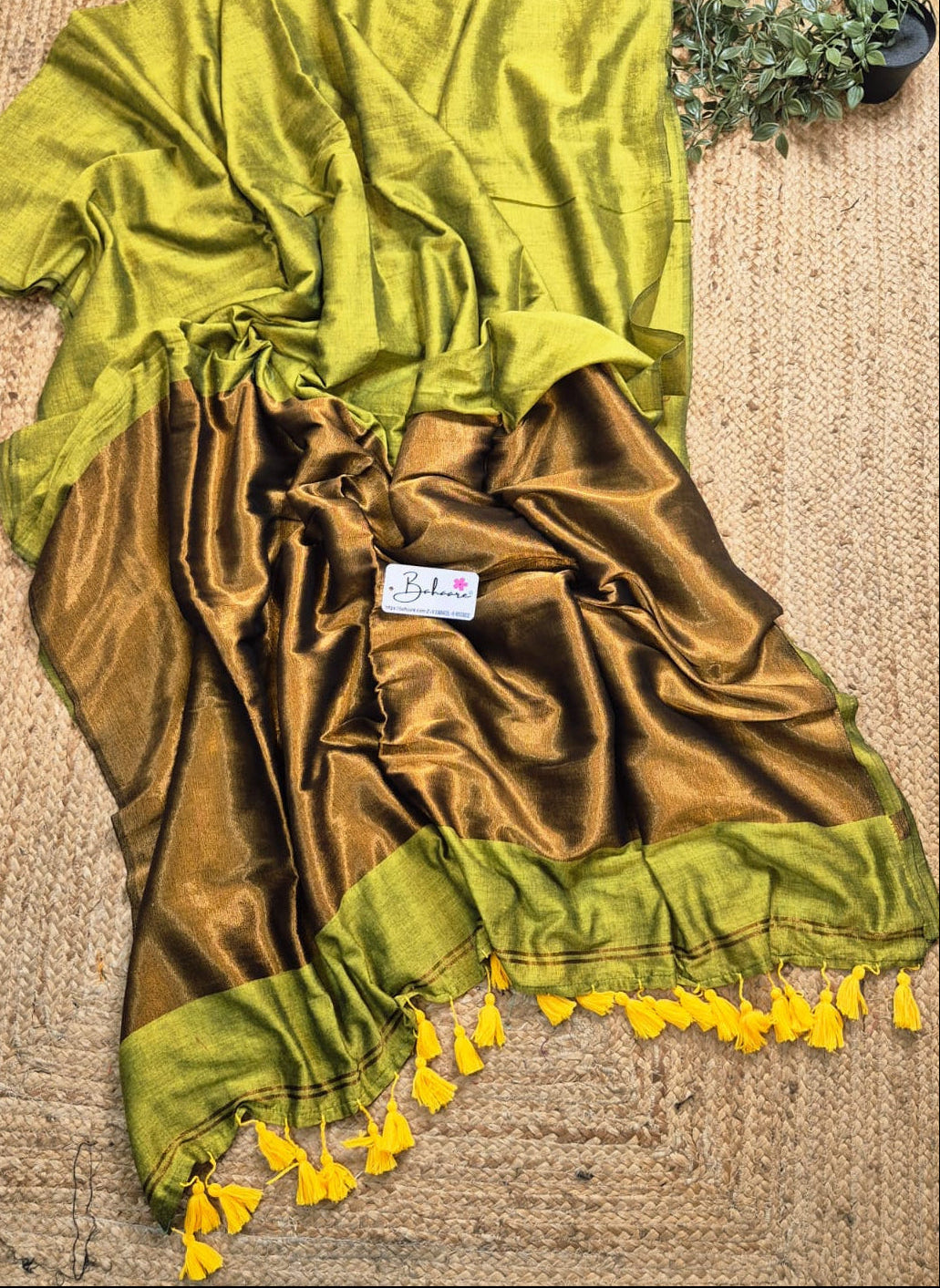 Cotton Galleria | Moss Green Acrylic Cotton Saree with Zari Pallu