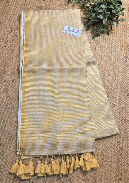 Noor | Off White Mul Mul Cotton Saree with Golden Zari Check