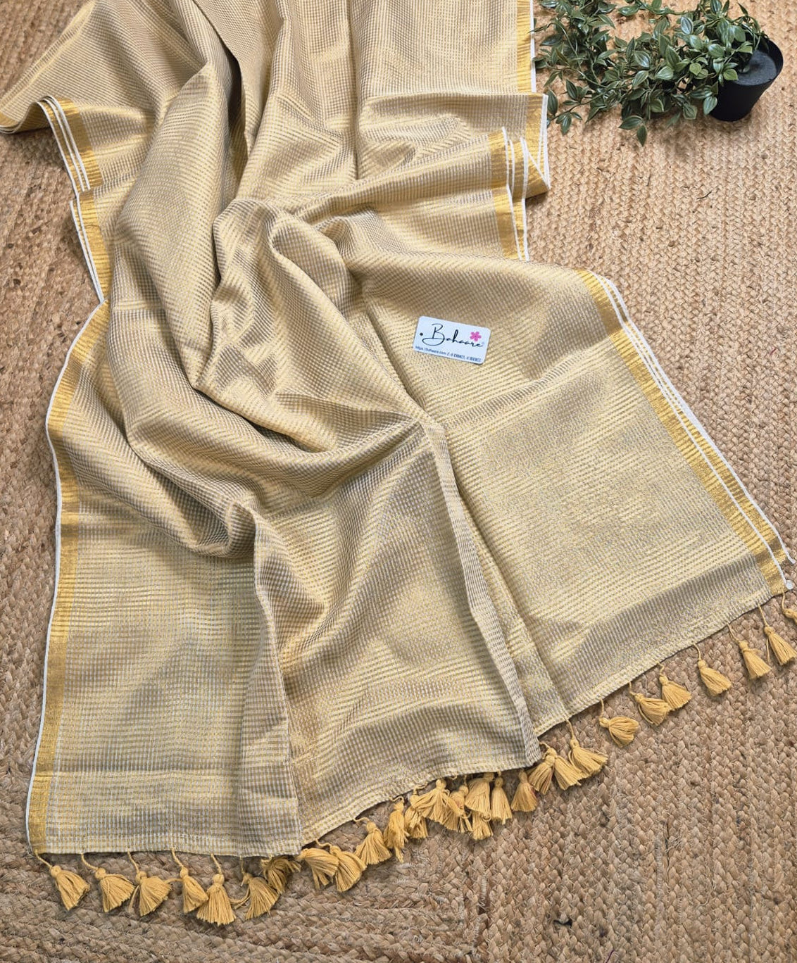 Noor | Off White Mul Mul Cotton Saree with Golden Zari Check