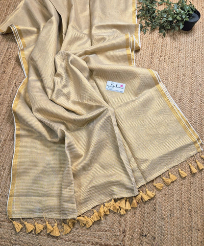 Noor | Off White Mul Mul Cotton Saree with Golden Zari Check
