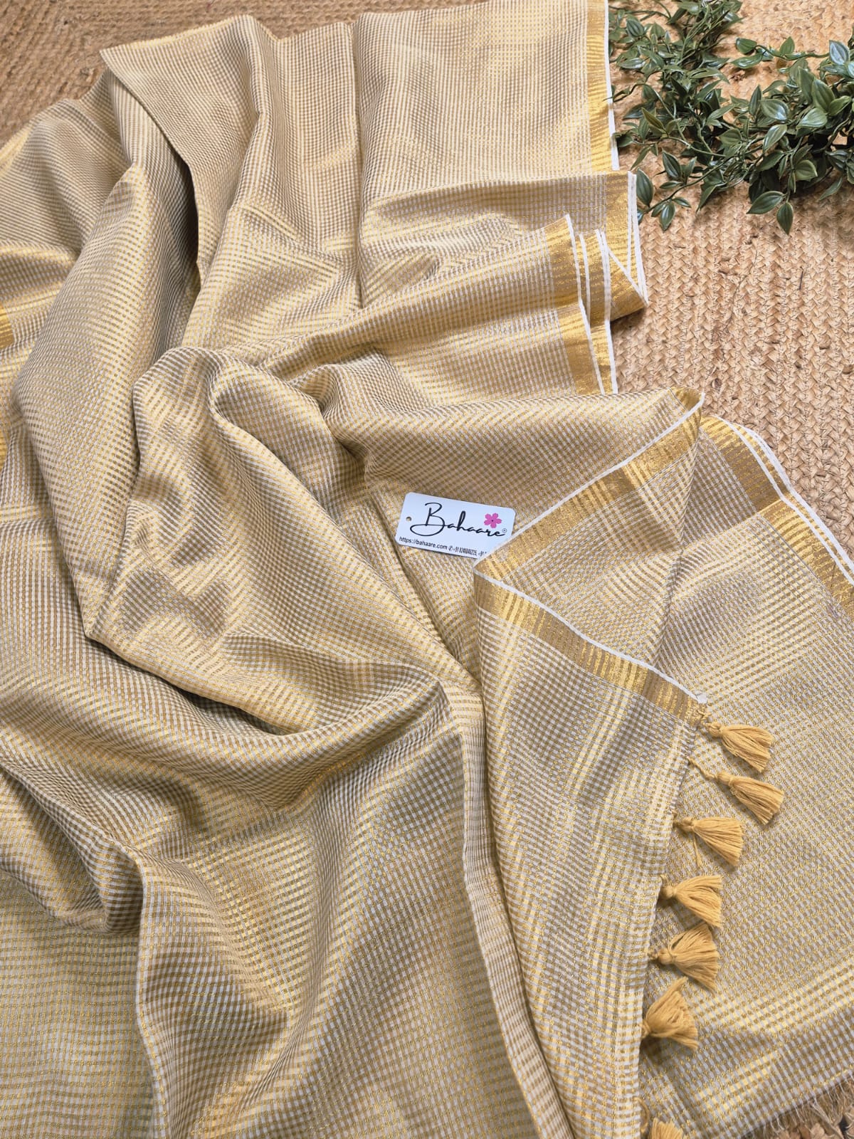 Noor | Off White Mul Mul Cotton Saree with Golden Zari Check