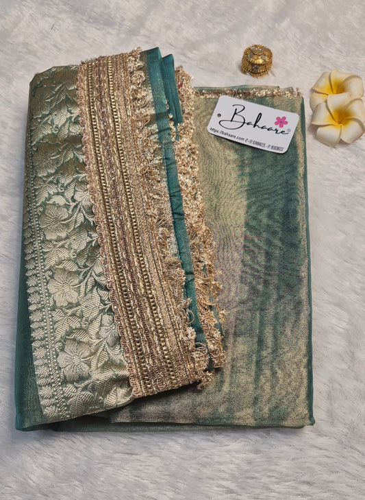 Utsav | Greenish Gold Dual Tone Tissue Organza Silk Saree with Zari Lace