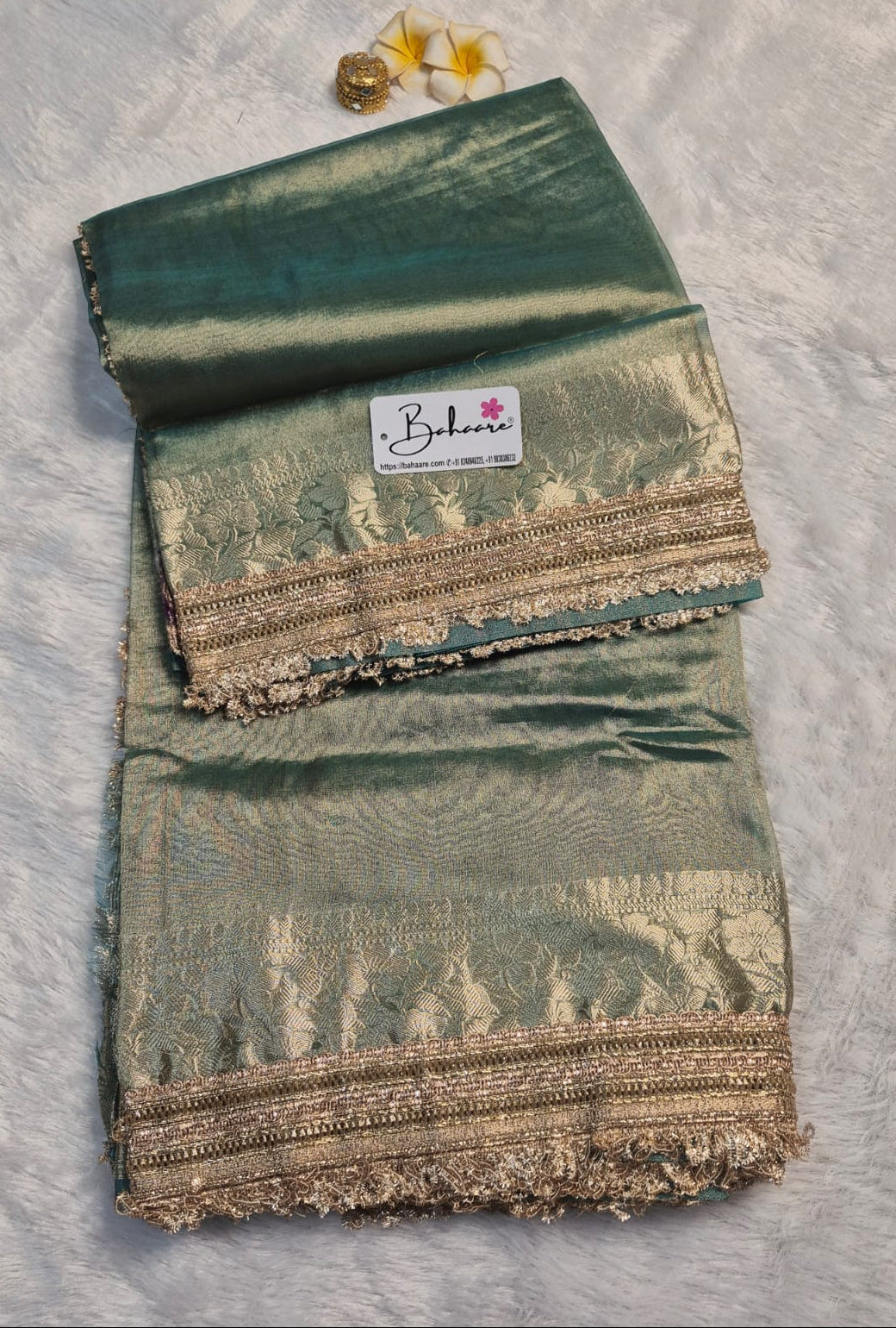 Utsav | Greenish Gold Dual Tone Tissue Organza Silk Saree with Zari Lace