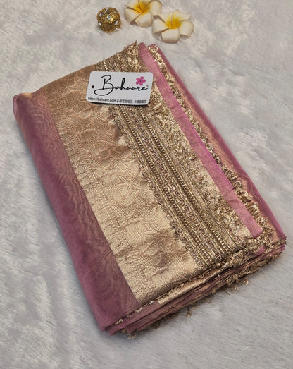 Utsav | Dusty Pink Tissue Organza Saree with Zari Lace