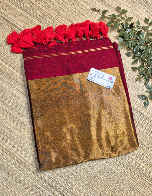 Cotton Galleria | Imperial Maroon Acrylic Cotton Saree with Zari Pallu
