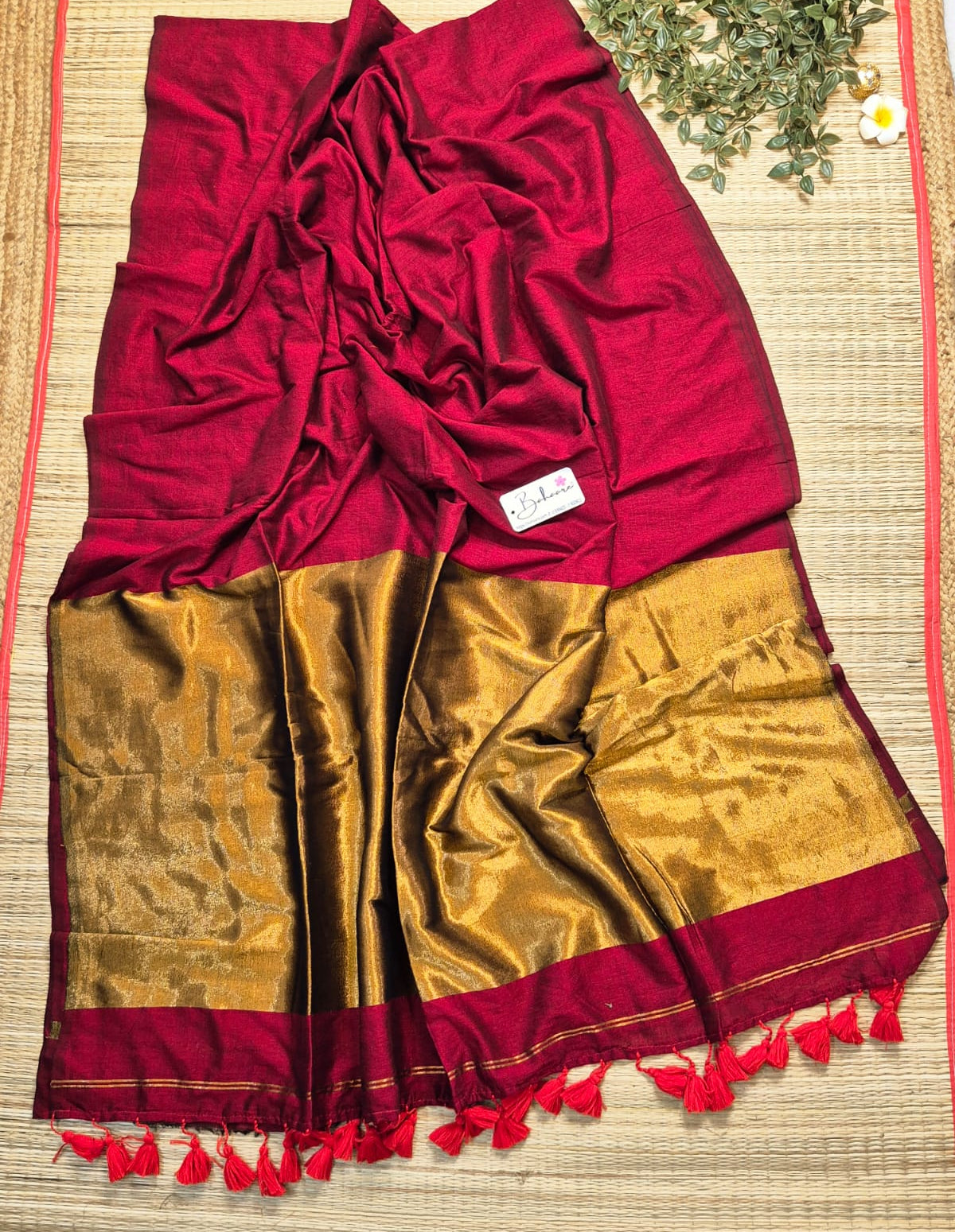 Cotton Galleria | Imperial Maroon Acrylic Cotton Saree with Zari Pallu