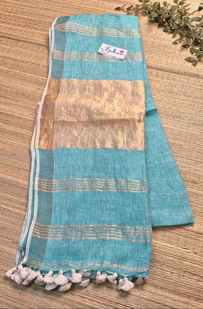 Woodland Whispers | Aqua Marine Jayshree Linen Saree with Zari Border
