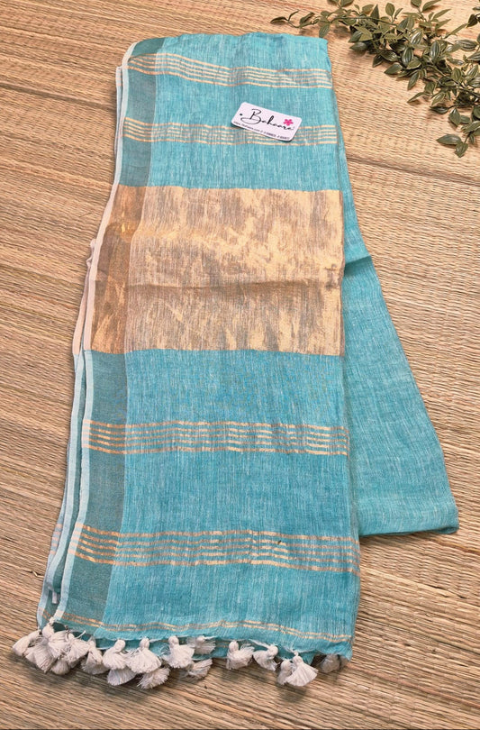 Woodland Whispers | Aqua Marine Jayshree Linen Saree with Zari Border