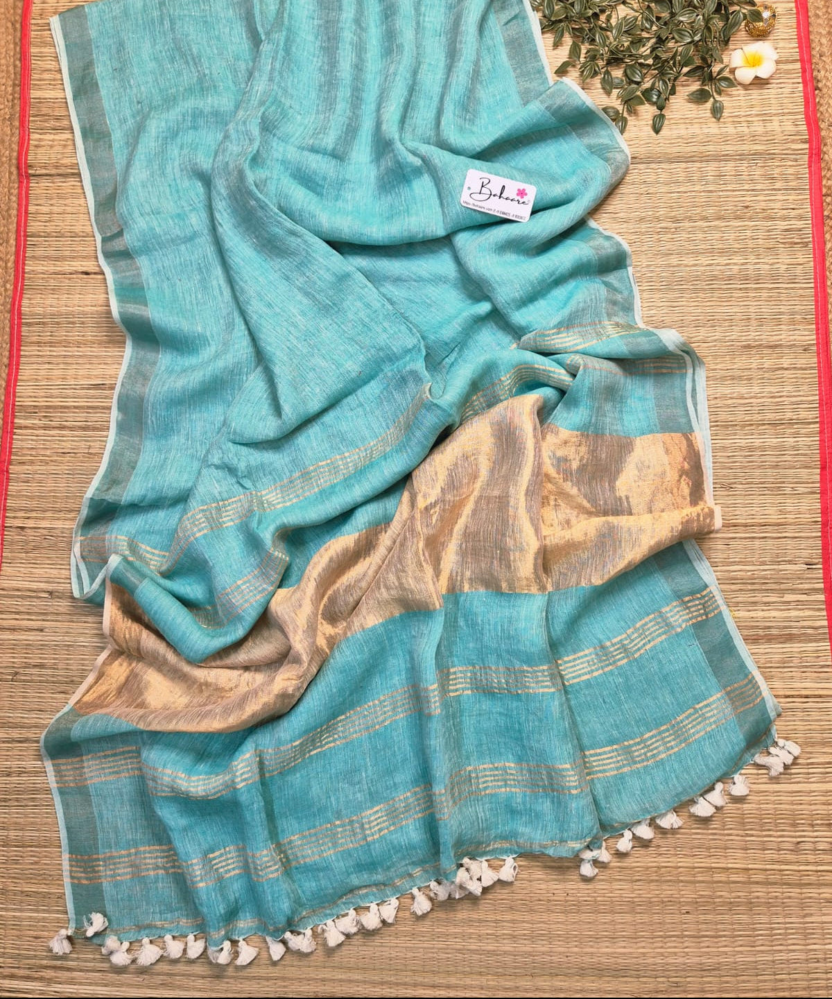 Woodland Whispers | Aqua Marine Jayshree Linen Saree with Zari Border