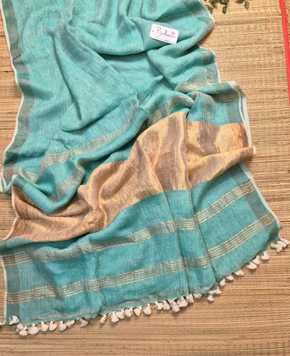Woodland Whispers | Aqua Marine Jayshree Linen Saree with Zari Border