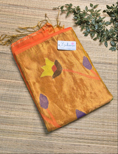 Springtime Serenity | Sunset Orange Tissue Linen Saree with Paithani Motif