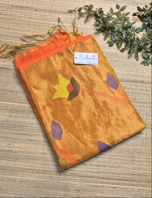 Springtime Serenity | Sunset Orange Tissue Linen Saree with Paithani Motif