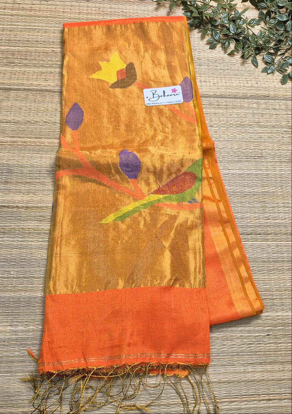 Springtime Serenity | Sunset Orange Tissue Linen Saree with Paithani Motif