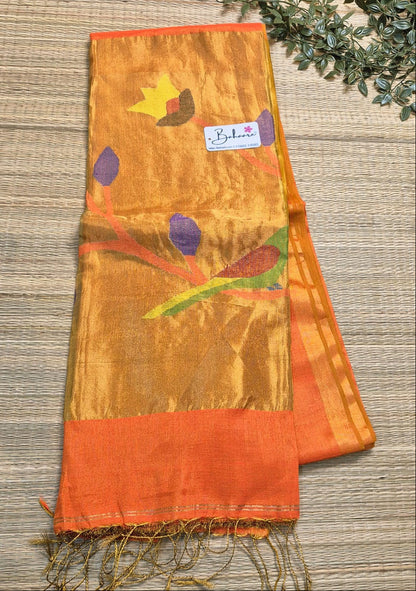 Springtime Serenity | Sunset Orange Tissue Linen Saree with Paithani Motif