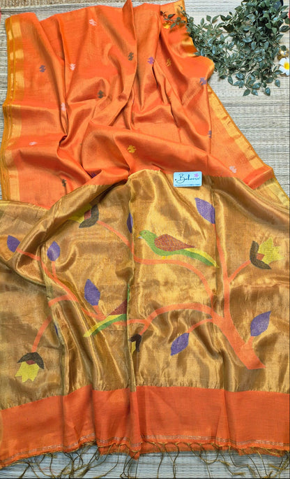 Springtime Serenity | Sunset Orange Tissue Linen Saree with Paithani Motif