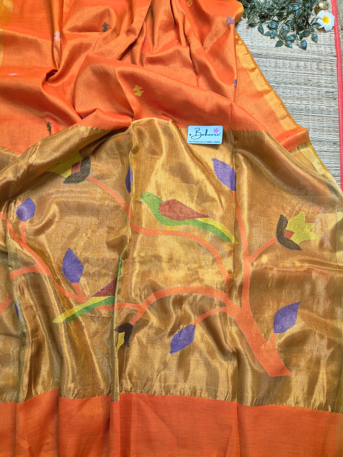 Springtime Serenity | Sunset Orange Tissue Linen Saree with Paithani Motif