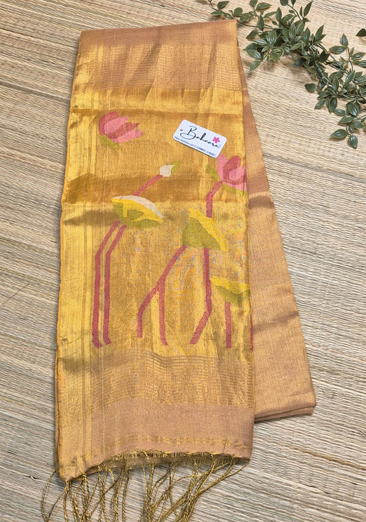 Springtime Serenity | Pastel Rose Gold Tissue Linen Saree with Paithani Motif